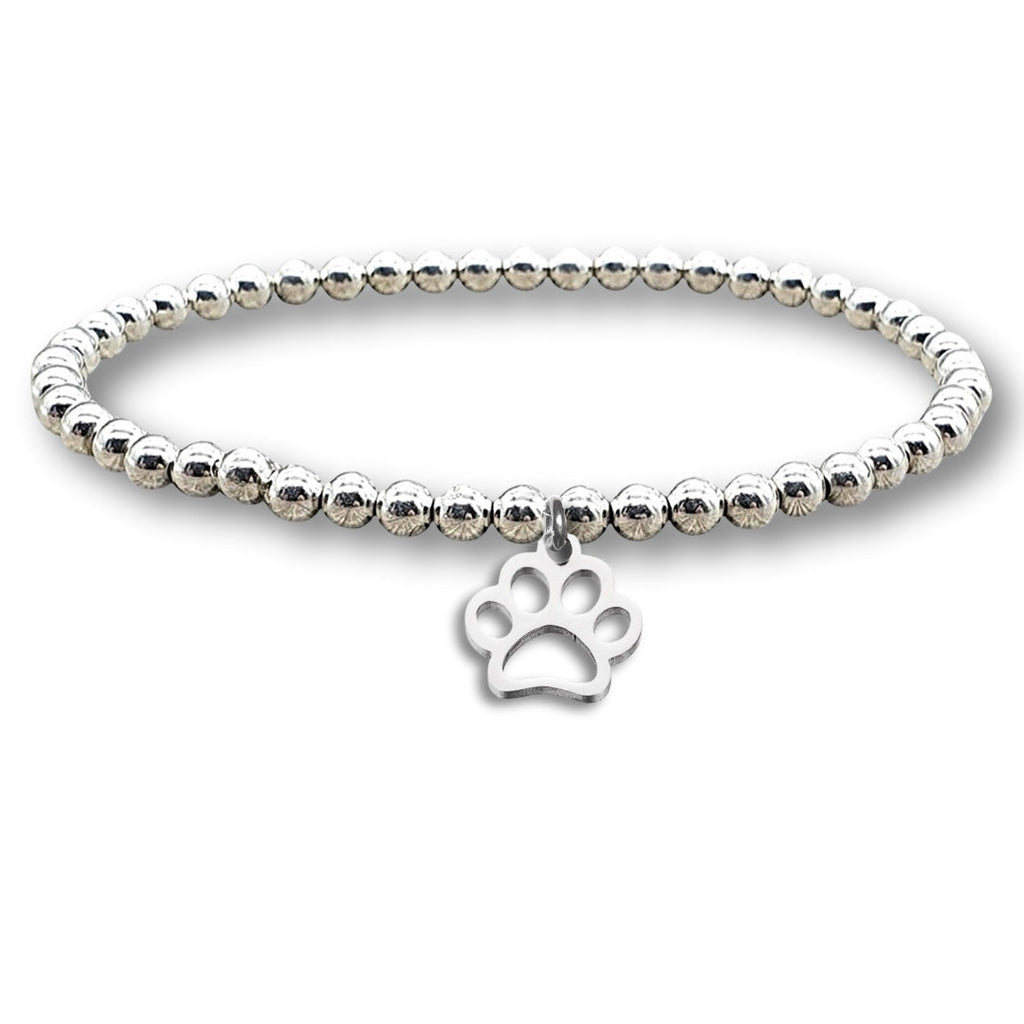 Women's Paw Print Silver Beaded Bracelet