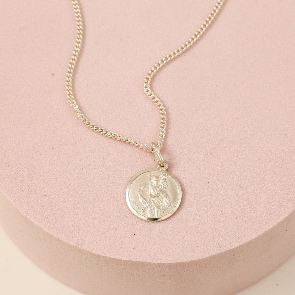 Classic Small St Christopher Necklace Sterling Silver 14mm