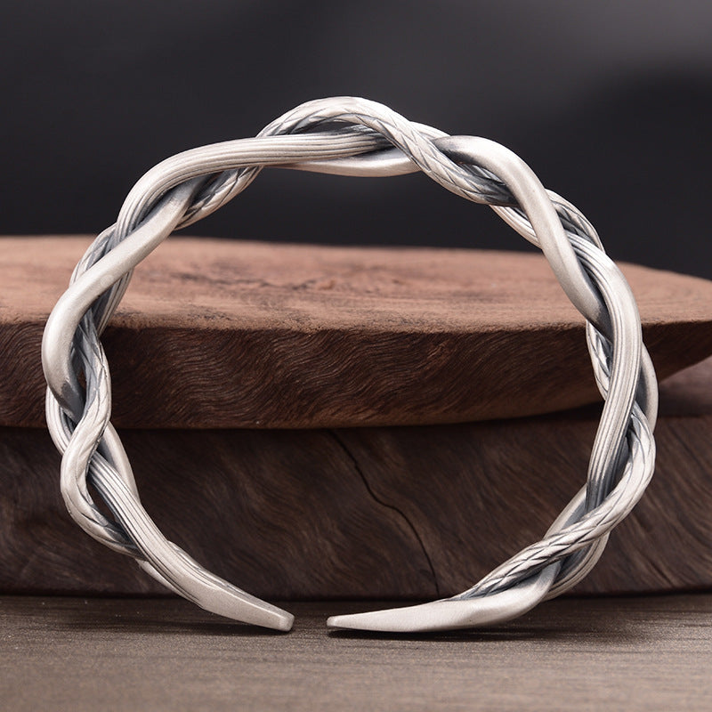 Sterling Silver Retro Three-strand Twist Bracelet Light Luxury All-match Elegant Couple Jewelry Adjustable Opening