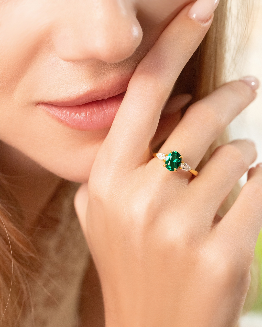 Emerald Oval Cut Three Stone Engagement Ring in 18k Gold Vermeil