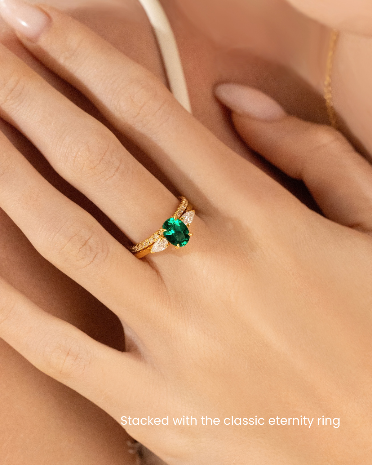 Emerald Oval Cut Three Stone Engagement Ring in 18k Gold Vermeil