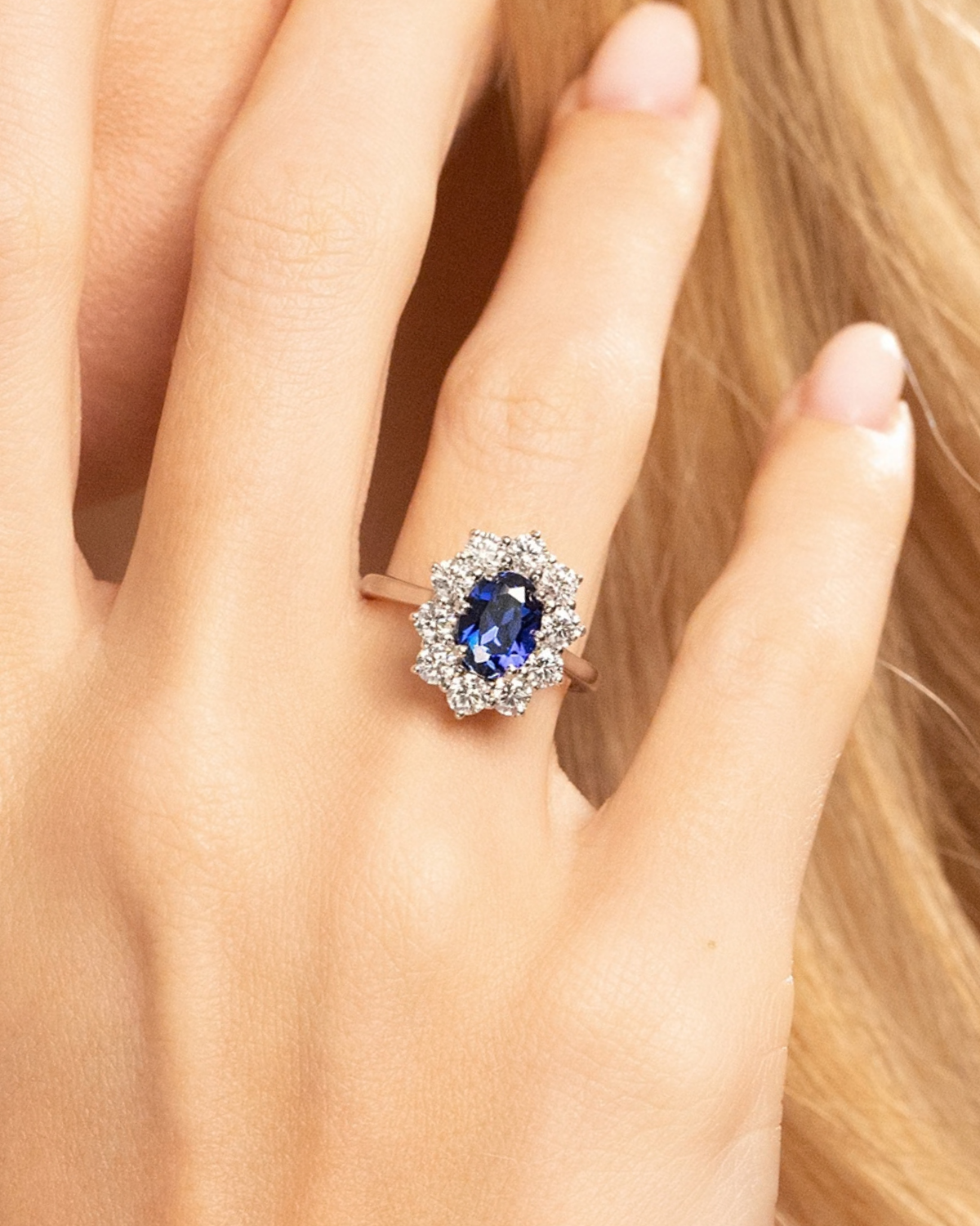 Blue Sapphire Halo Engagement Ring in Sterling Silver