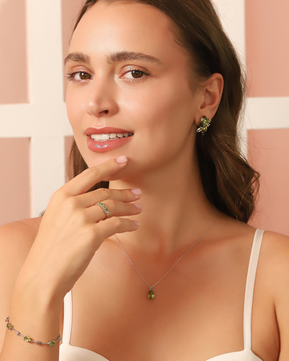 Emerald & Peridot Pear Cut Half Eternity Band in Sterling Silver