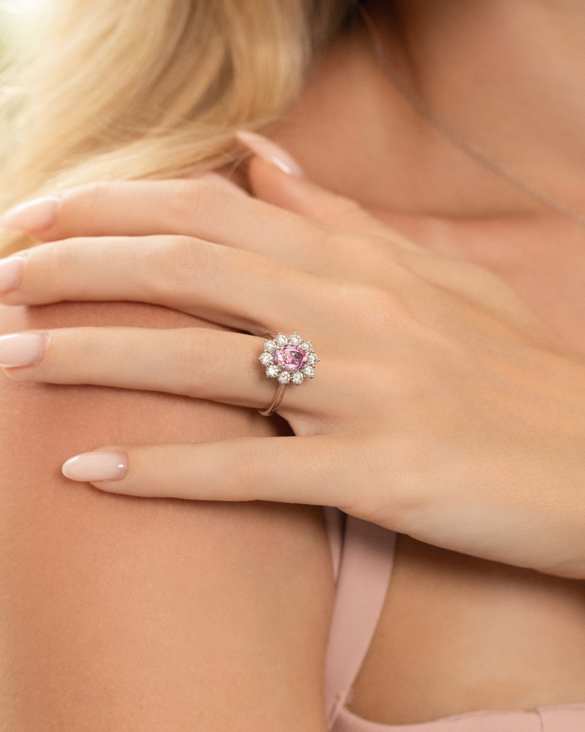 Pink Sapphire Halo Engagement Ring in Sterling Silver