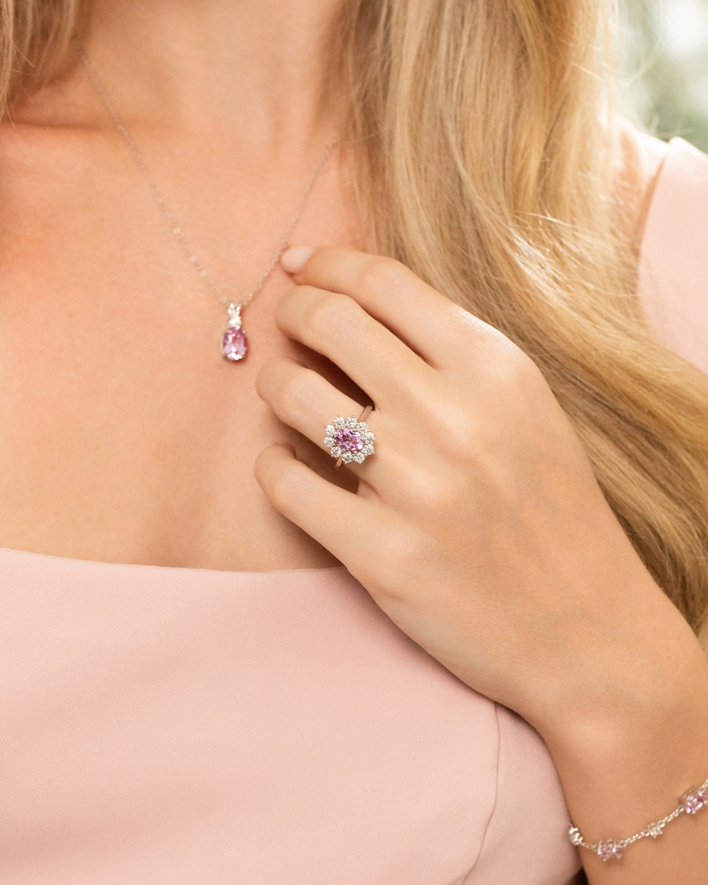Pink Sapphire Halo Engagement Ring in Sterling Silver