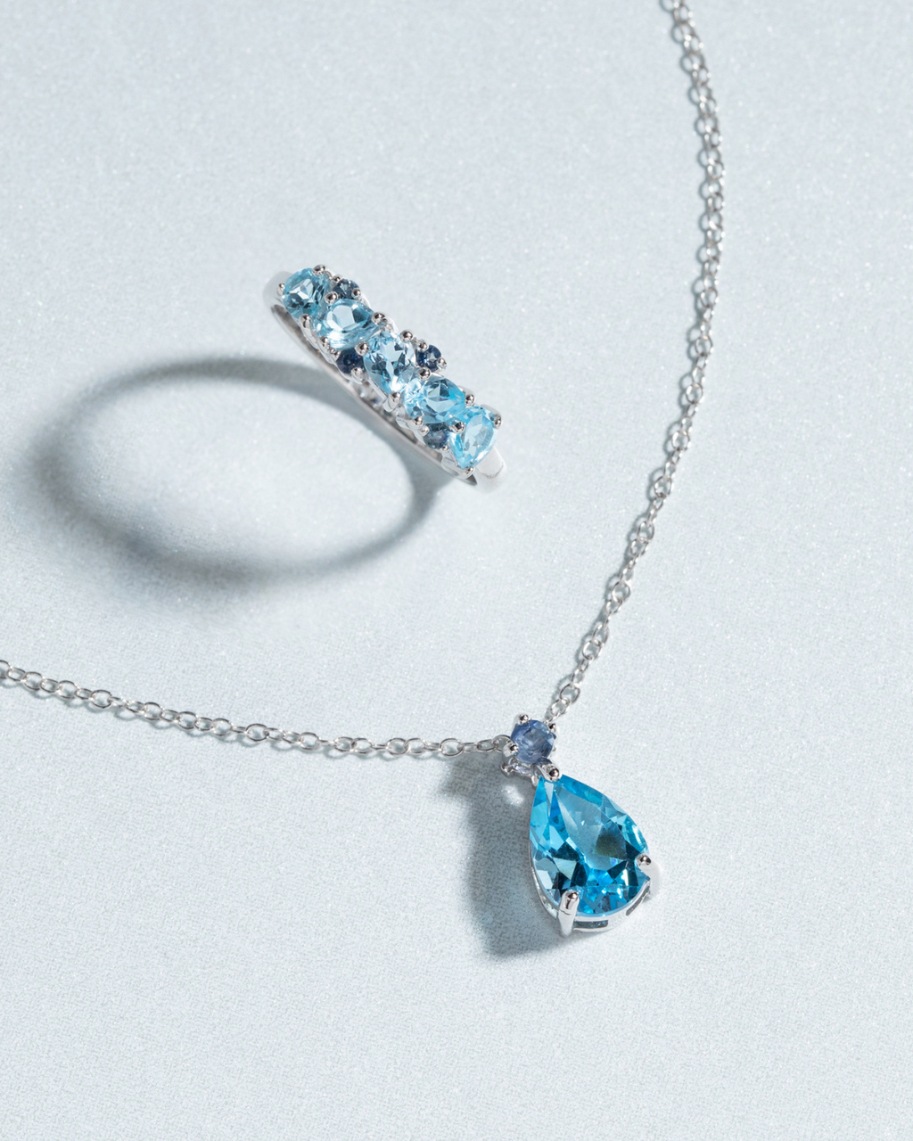 Blue Sapphire & Blue Topaz Pear Cut Pendant Necklace in Sterling Silver