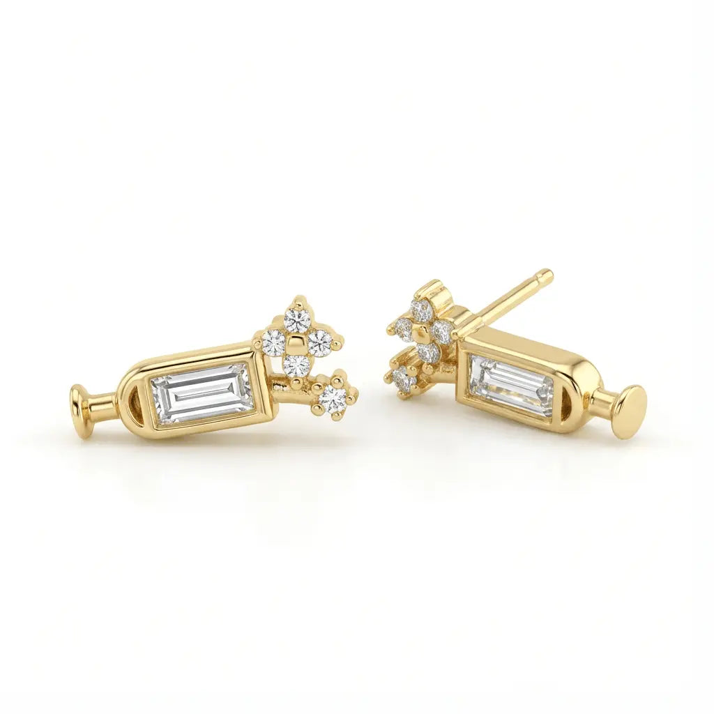 Solid Gold Earrings – Baguette Bloom Stud – 14ct Gold
