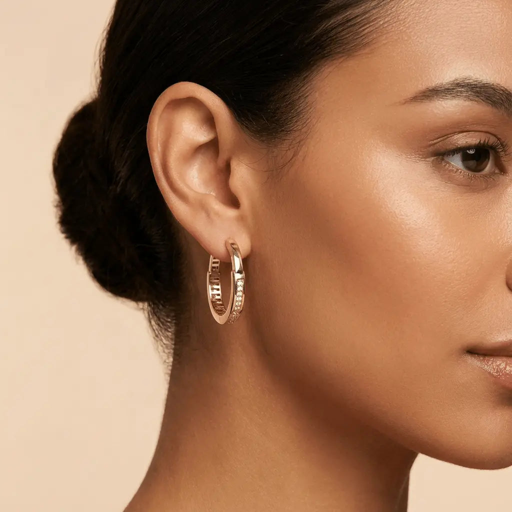 Solid Gold Earrings – Classic Pavé Front Hoop – 14ct Gold
