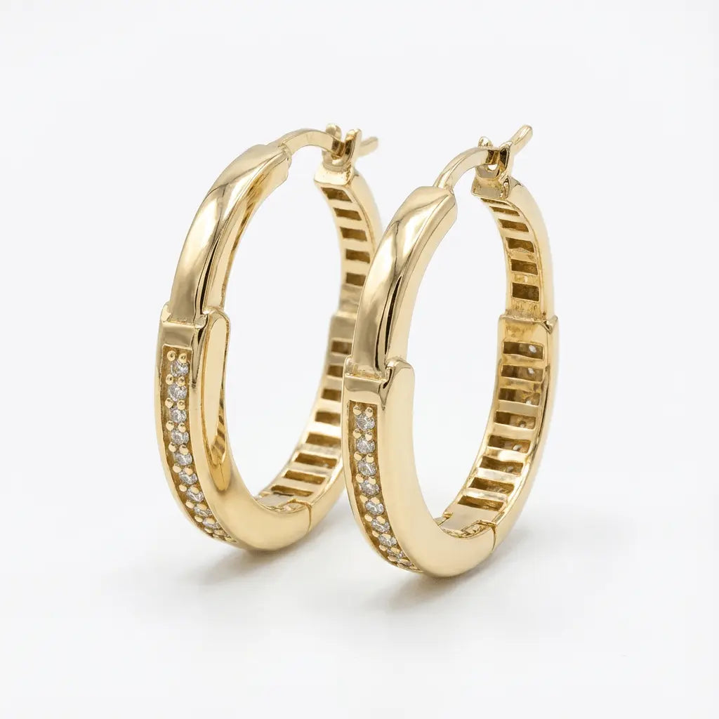Solid Gold Earrings – Classic Pavé Front Hoop – 14ct Gold