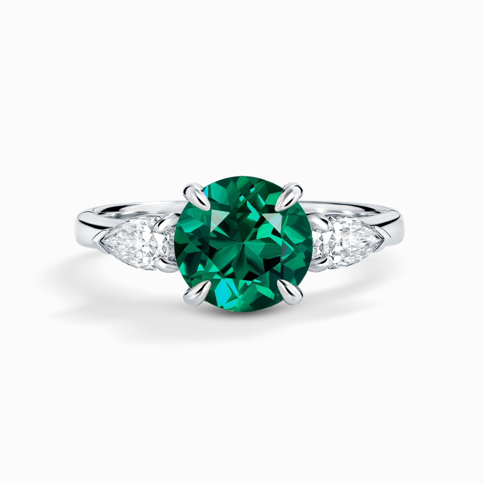 Emerald Round Cut Three Stone Engagement Ring in Sterling Silver