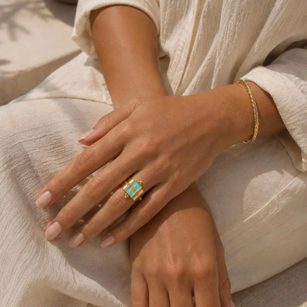 Luna Wide Band Irregular Turquoise Crystal Ring