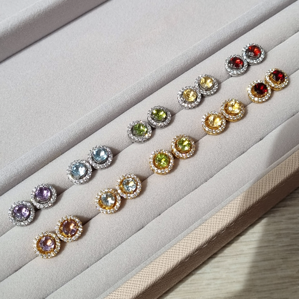 Citrine Halo Stud Earrings with Jackets in Sterling Silver