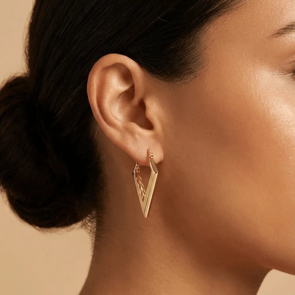 Solid Gold Earrings – Geometric V Shaped Hoop – 14ct Gold