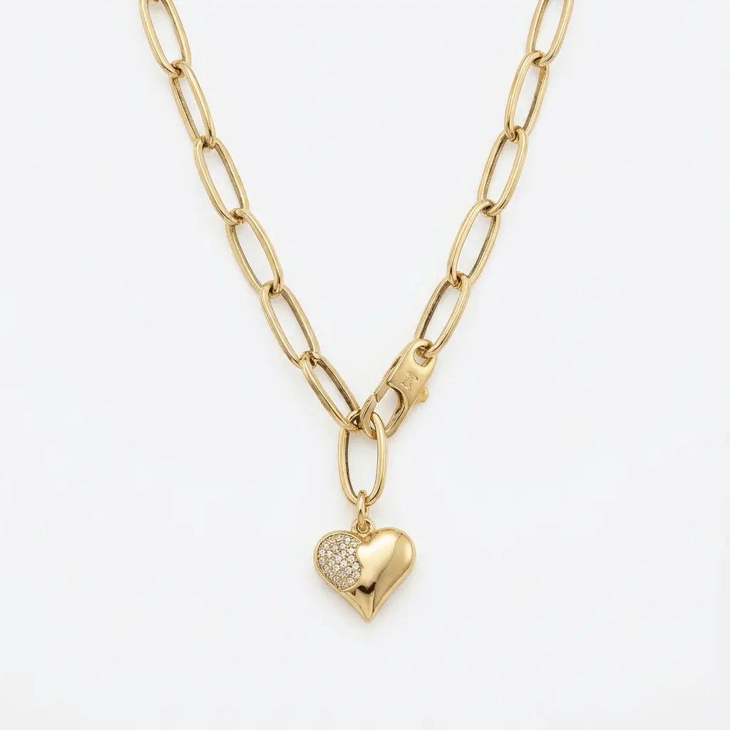 Solid Gold Necklace – Golden Heart Link Chain – 14ct Gold