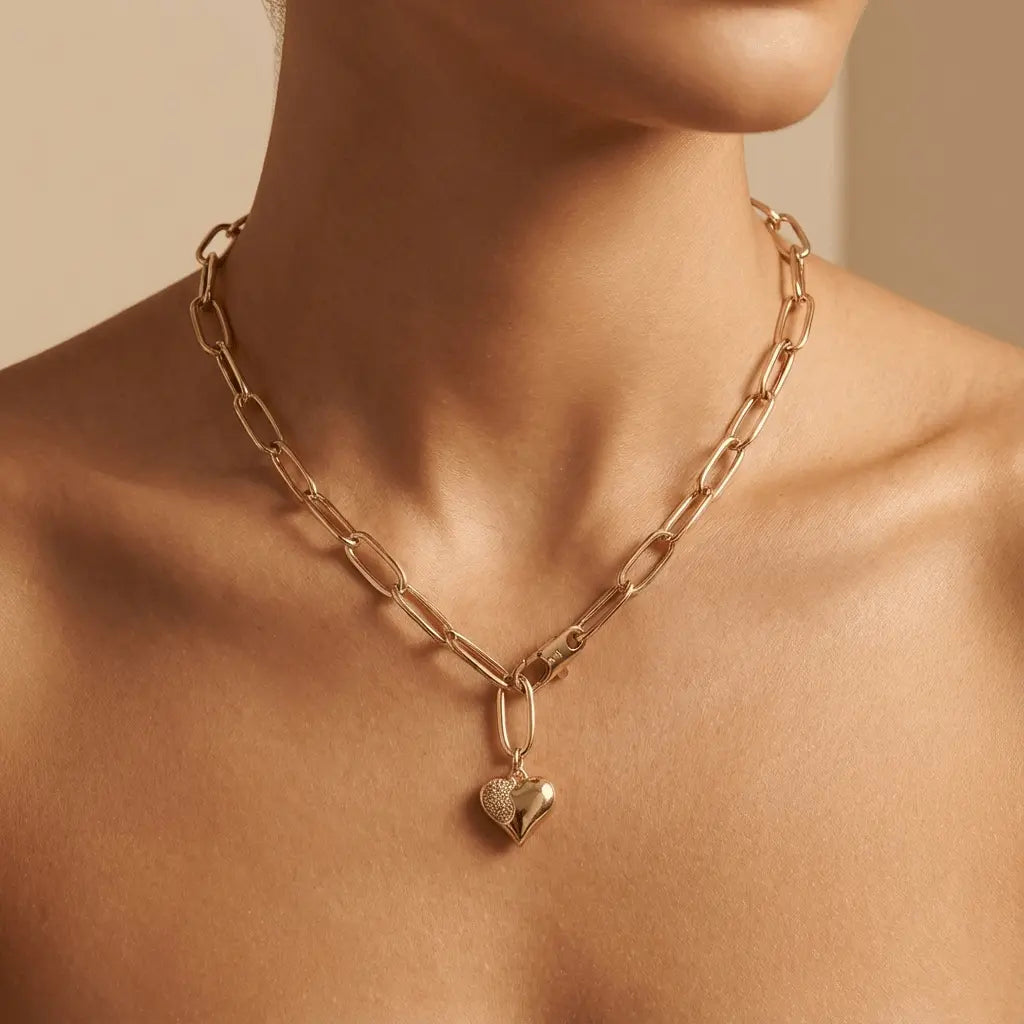 Solid Gold Necklace – Golden Heart Link Chain – 14ct Gold
