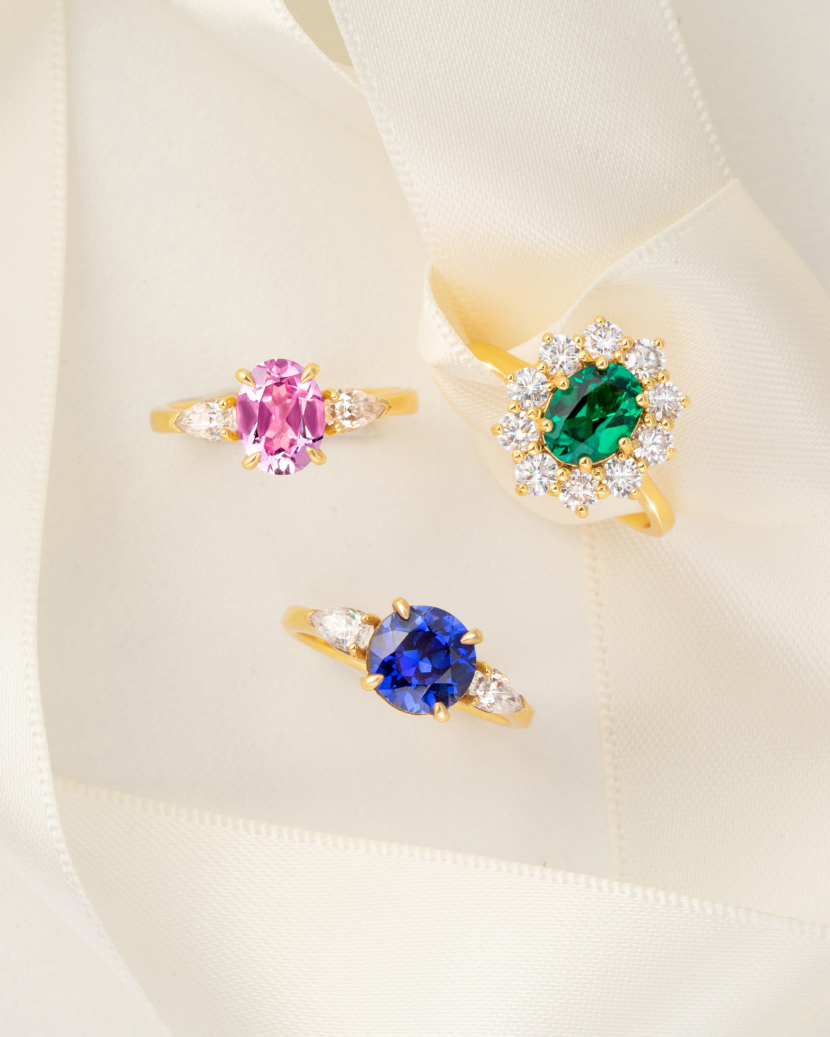 Blue Sapphire Round Cut Three Stone Engagement Ring in 18k Gold Vermeil