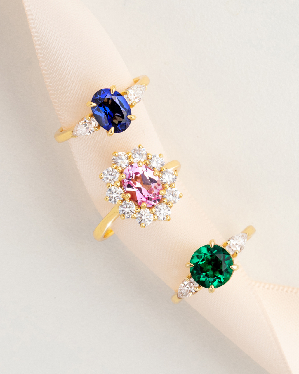 Emerald Round Cut Three Stone Engagement Ring in 18k Gold Vermeil