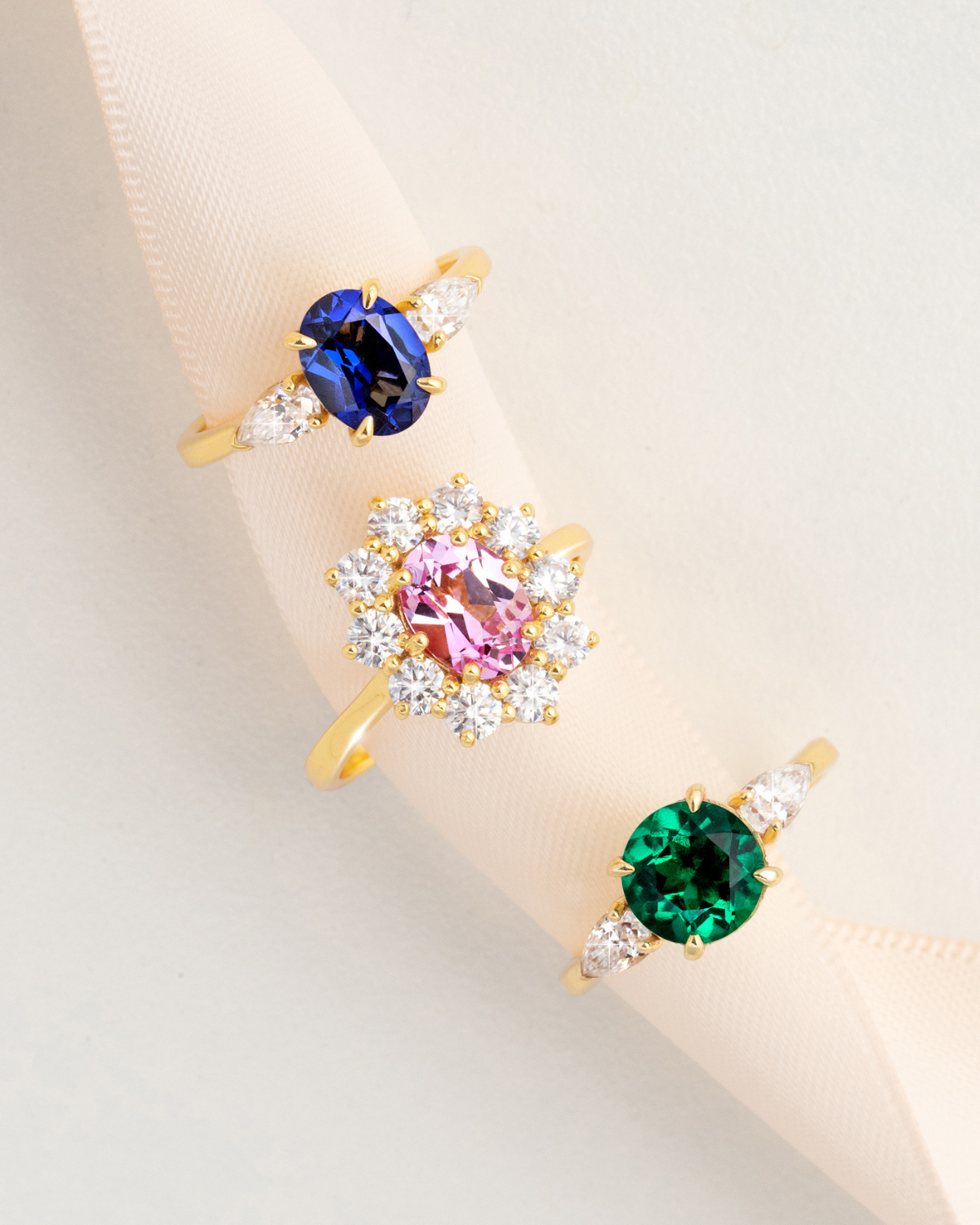 Emerald Round Cut Three Stone Engagement Ring in 18k Gold Vermeil