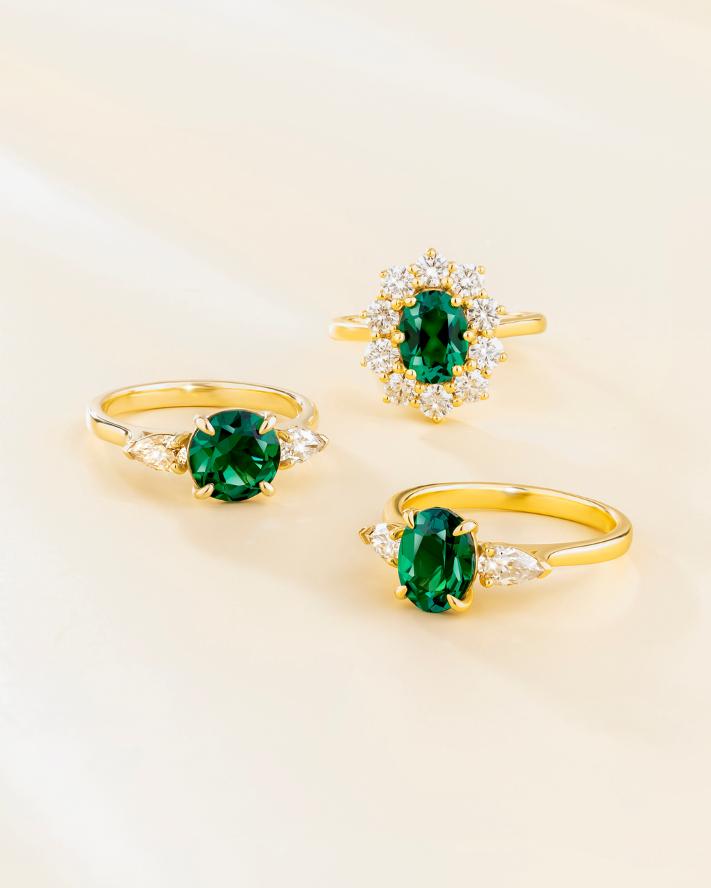 Emerald Oval Cut Three Stone Engagement Ring in 18k Gold Vermeil