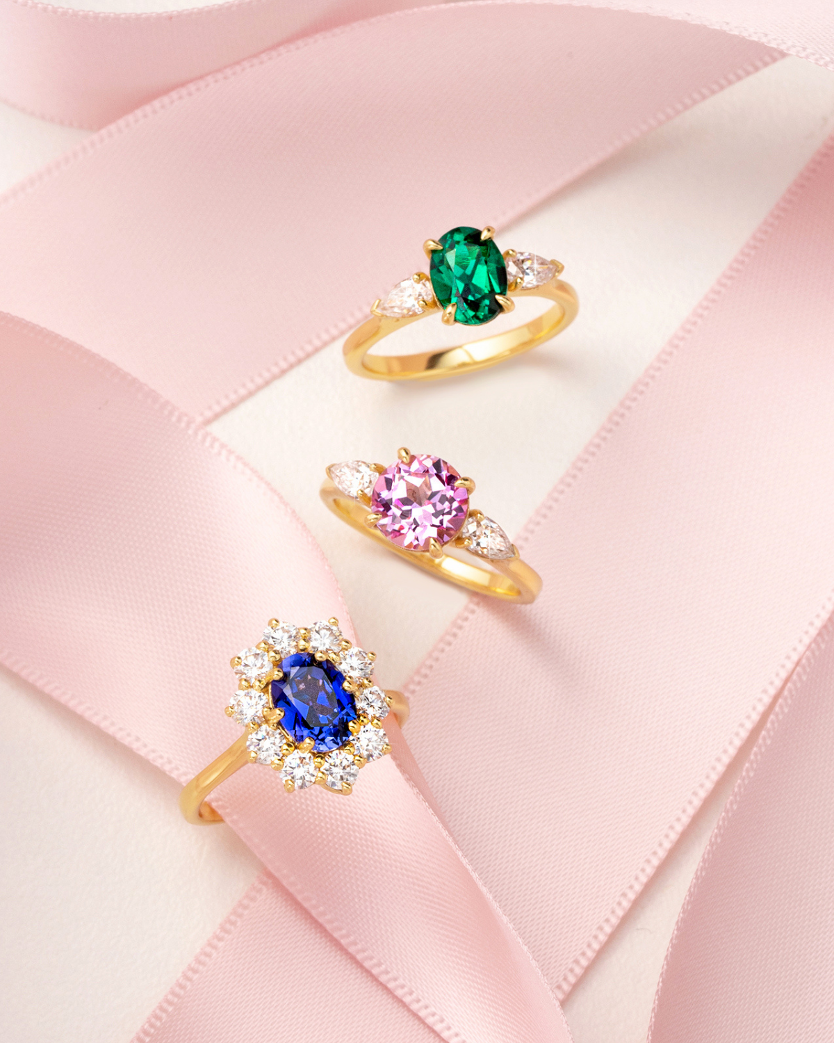Pink Sapphire Round Cut Three Stone Engagement Ring in 18k Gold Vermeil