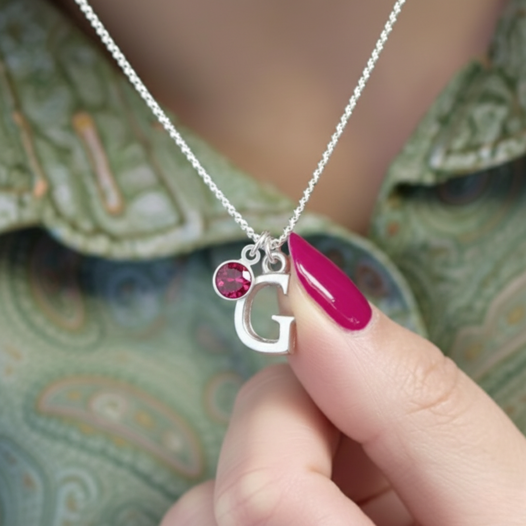 July Birthstone Necklace with Initial Charm | Ruby Gift for Her