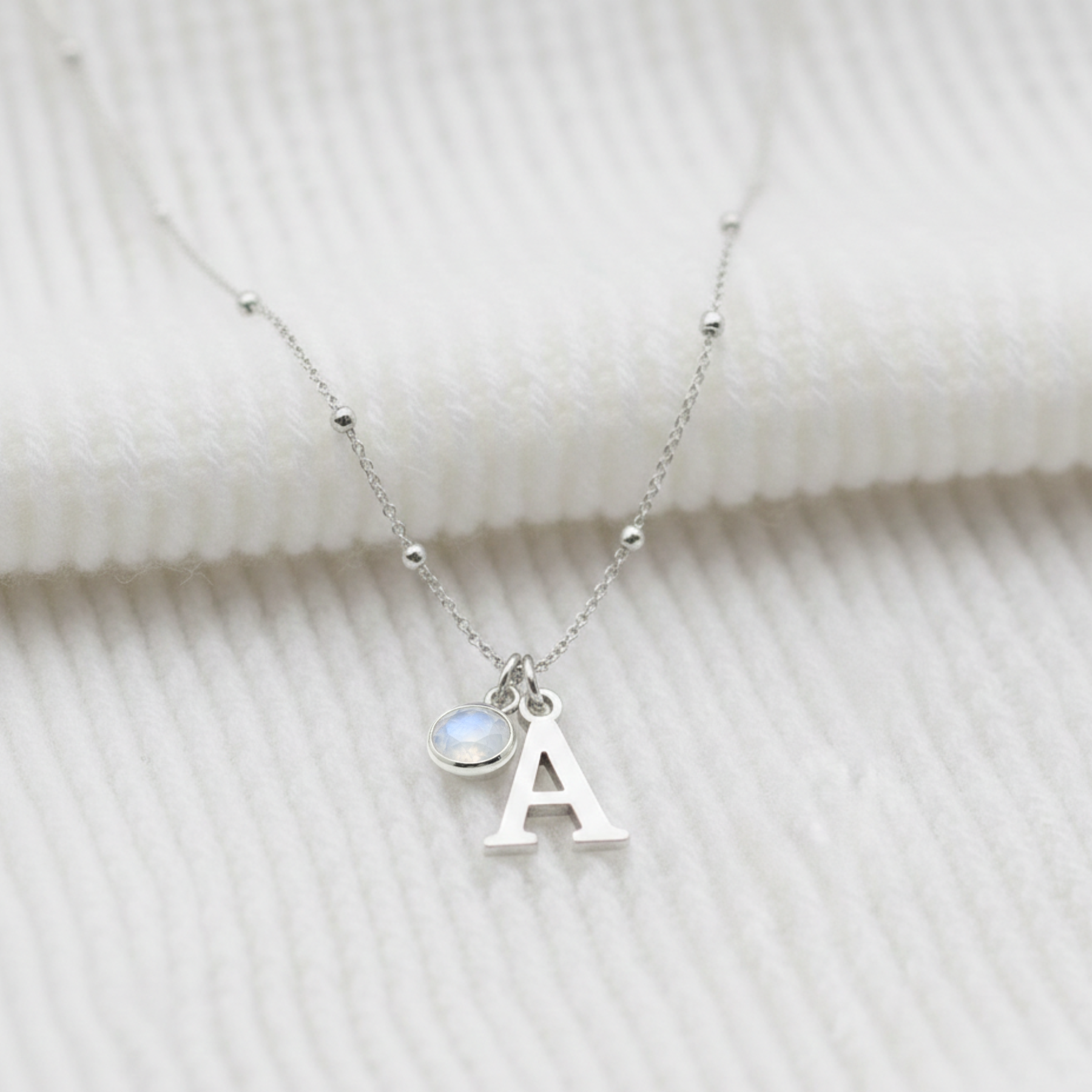 June Birthstone Necklace with Initial Charm – Moonstone Gift for Her