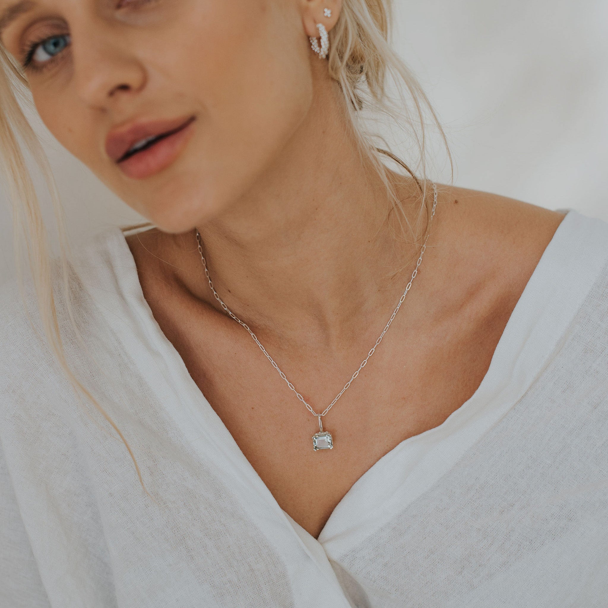 Large Silver Green Quartz Necklace - Giselle