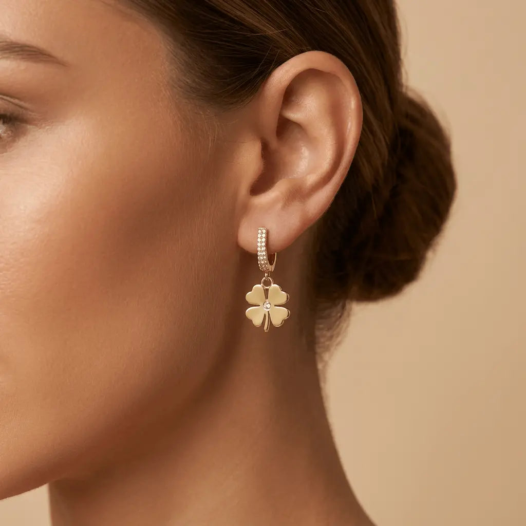 Solid Gold Earrings – Lucky Clover Drop Hoop – 14ct Gold