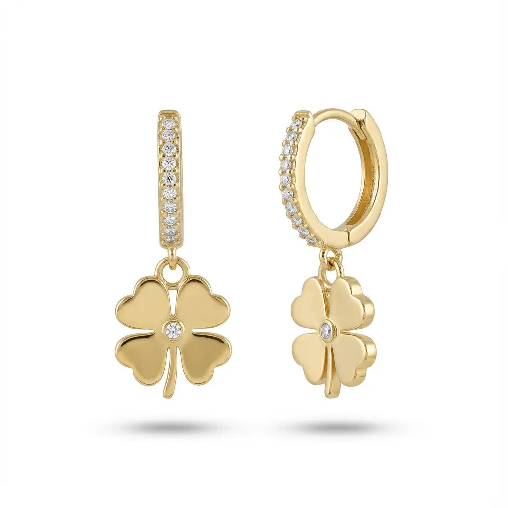 Solid Gold Earrings – Lucky Clover Drop Hoop – 14ct Gold