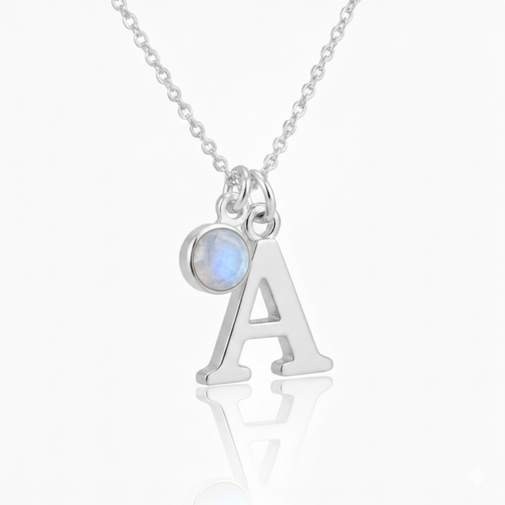 June Birthstone Necklace with Initial Charm – Moonstone Gift for Her