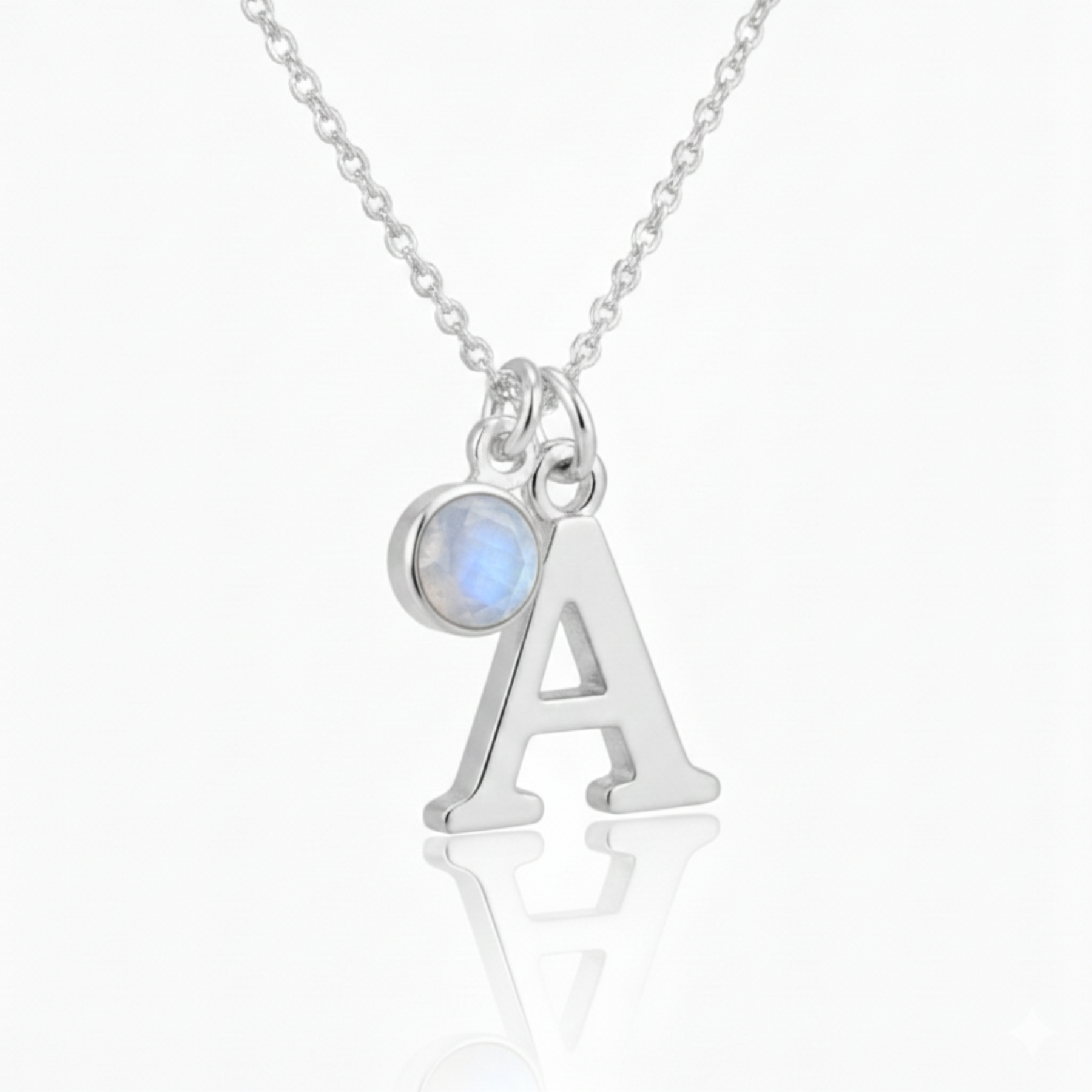 June Birthstone Necklace with Initial Charm – Moonstone Gift for Her