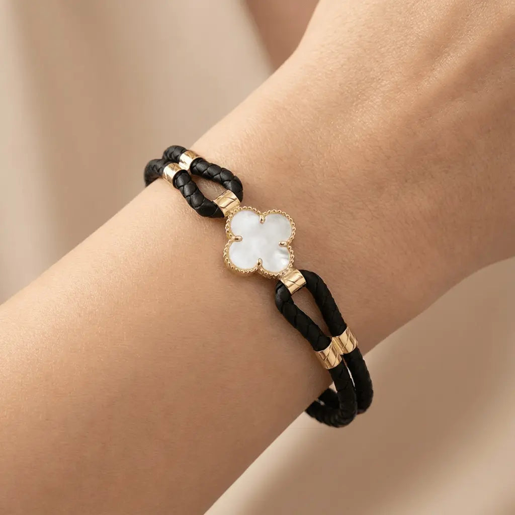 14ct/14K Gold Detail Bracelet – Mother of Pearl Clover Braided