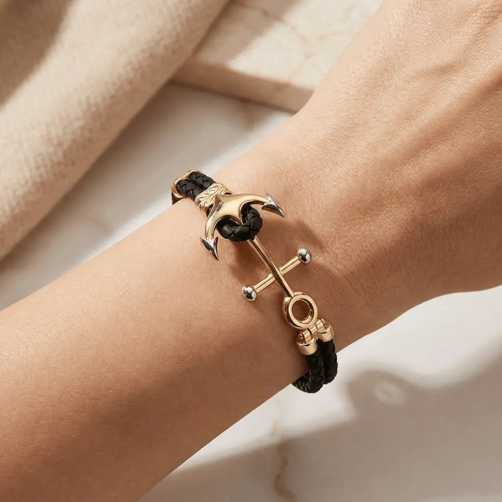 14ct/14K Gold Detail Bracelet – Nautical Anchor with Double Braided
