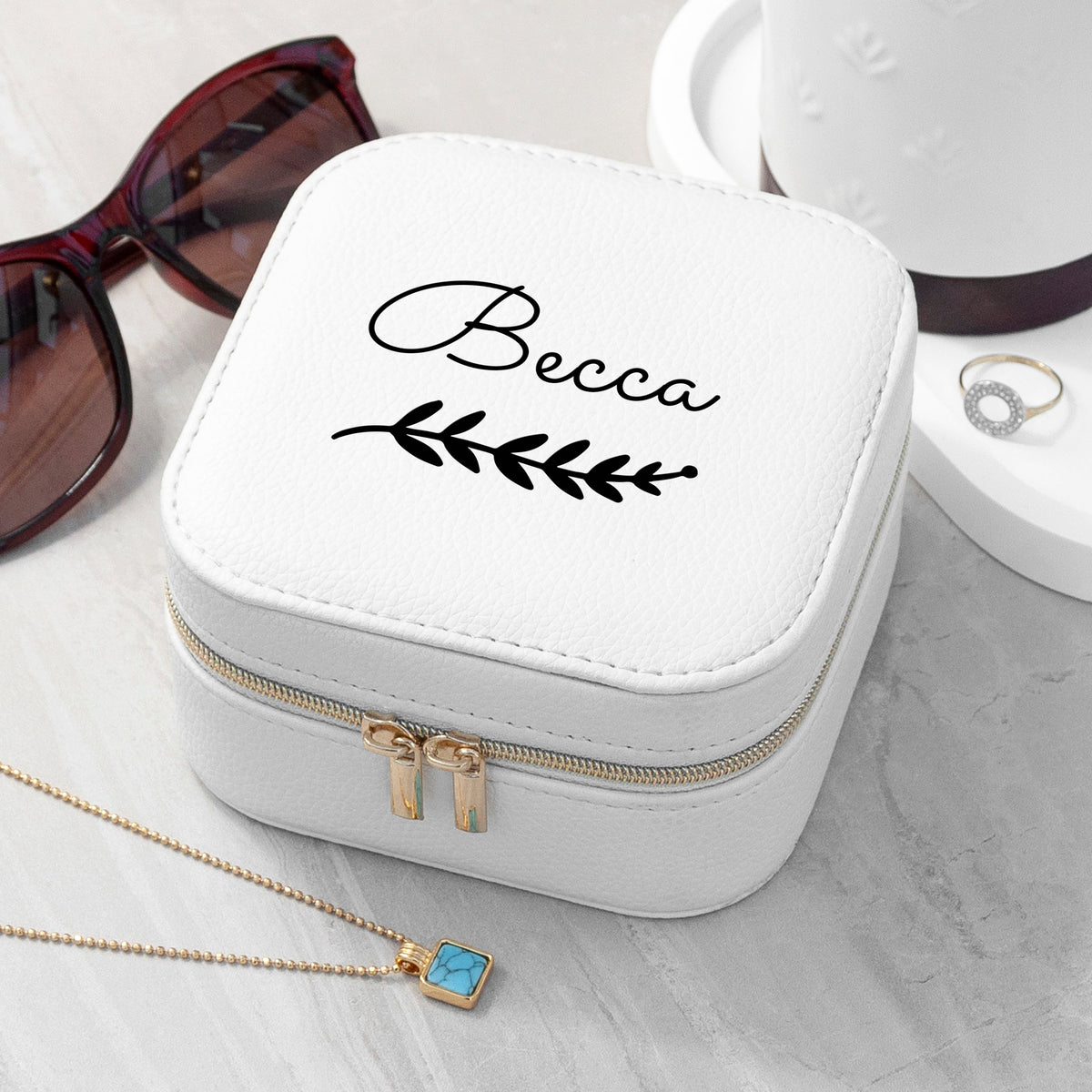 Personalised Wreath White Travel Jewellery Case