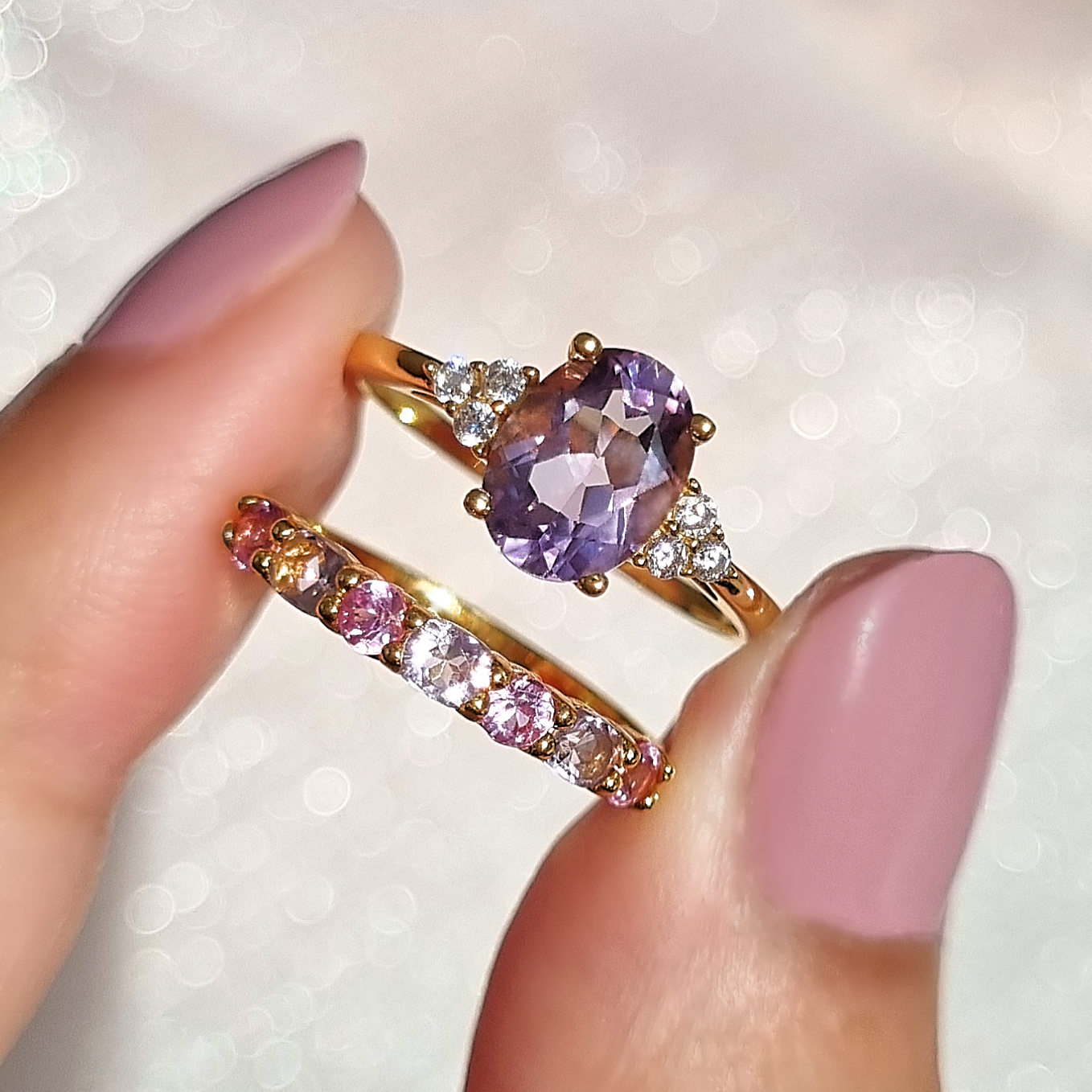 Pink Sapphire & Pink Amethyst Half Eternity Band in 18k Gold Vermeil