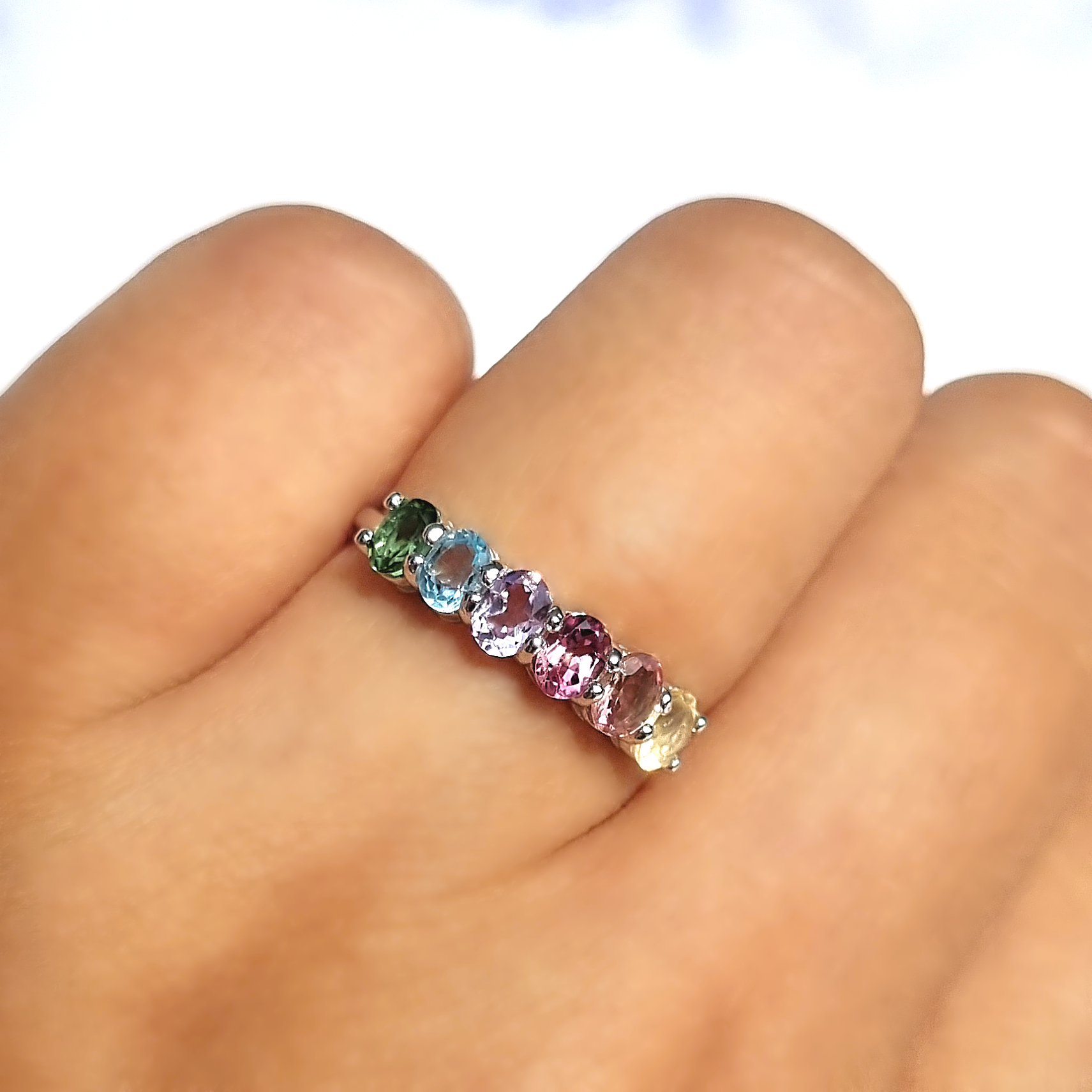 Rainbow Multicoloured Gemstone Half Eternity Ring in Sterling Silver