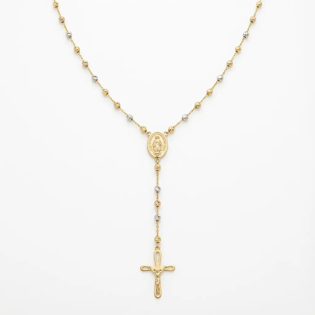Solid Gold Necklace – Tricolor Rosary Style – 14ct Gold