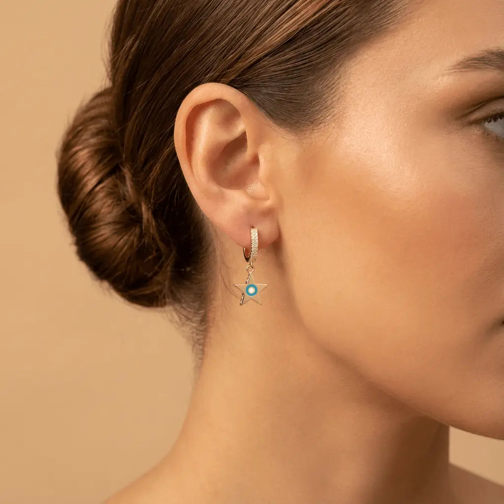 Gold Detail Earrings – Star Charm Hoop with Turquoise Detail – 14ct Gold