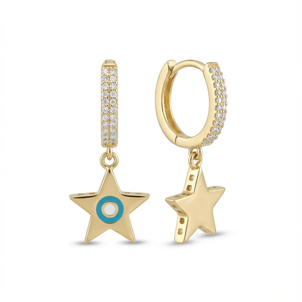 Gold Detail Earrings – Star Charm Hoop with Turquoise Detail – 14ct Gold