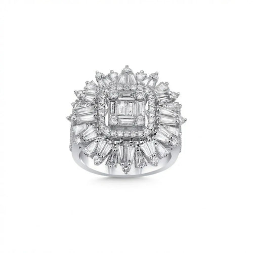 14ct/14K White Gold Natural Diamond Ring – Baguette Diamond Sunburst Statement
