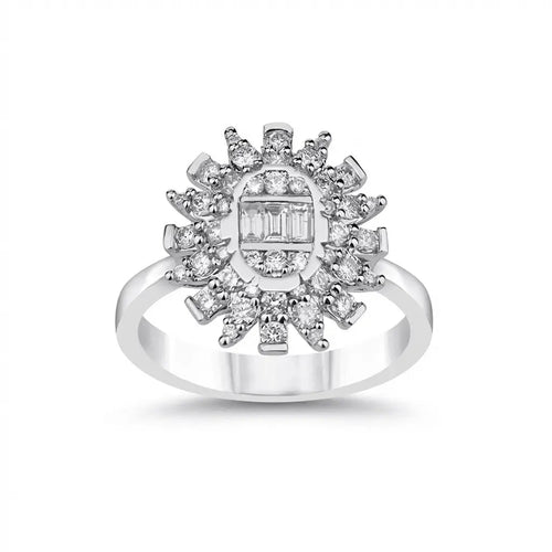 14ct/14K White Gold Natural Diamond Ring – Sunburst Diamond Cluster 0.71ct