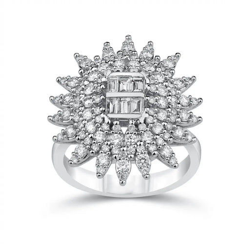 14ct/14K White Gold Natural Diamond Ring – Radiant Sunburst Diamond Statement 1.3ct