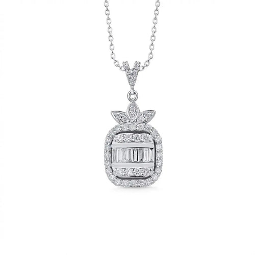 14ct/14K White Gold Natural Diamond Pendant – Baguette Round Diamond Halo 0.74ct