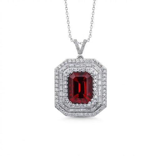 14ct/14K White Gold Ruby & Diamond Pendant – Emerald Cut Ruby Diamond Halo 1.12ct