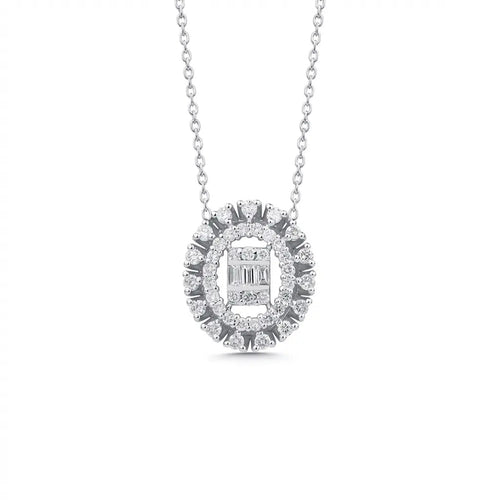 14ct/14K White Gold Natural Diamond Pendant – Oval Halo Diamond with Baguette Center 0.37ct