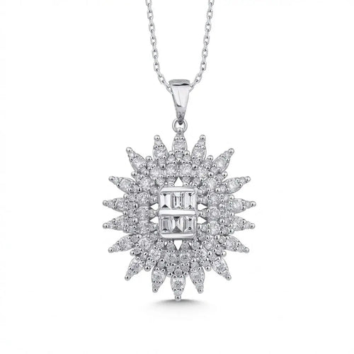 14ct/14K White Gold Natural Diamond Pendant – Radiant Starburst Diamond 1.28ct