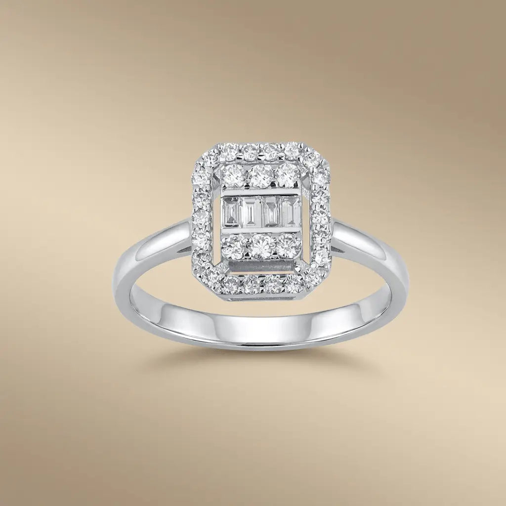 14ct/14K White Gold Natural Diamond Ring – Baguette Diamond Halo 0.39ct