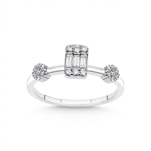 14ct/14K White Gold Natural Diamond Engagement Ring – Baguette Center Diamond with Cluster Accents
