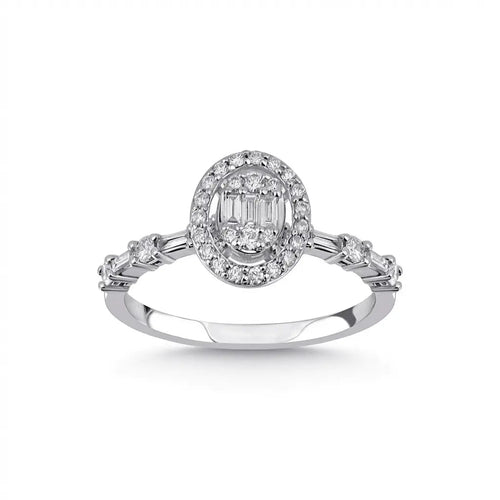 14ct/14K White Gold Natural Diamond Engagement Ring – Oval Halo Baguette Diamond 0.44ct