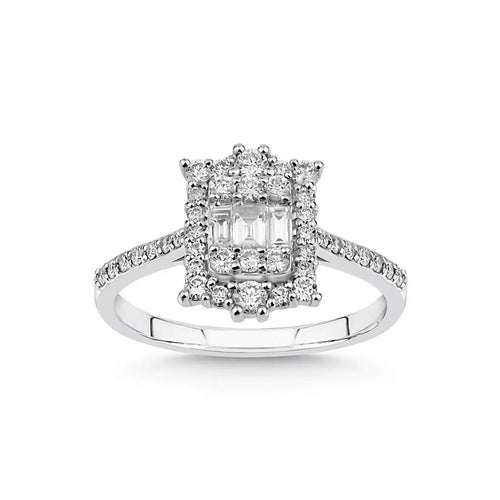 14ct/14K White Gold Natural Diamond Ring – Baguette Center Double Halo Diamond 0.72ct